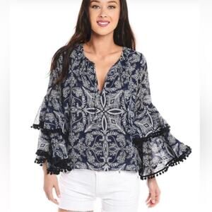 Misa Maya Paisley Print Bell Sleeve Top Blouse blue white bohemian casual Medium
